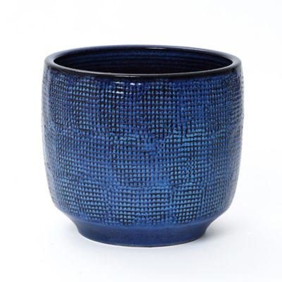LuxenHome Round Ceramic Planter, Deep Blue Glaze with Basket Texture
