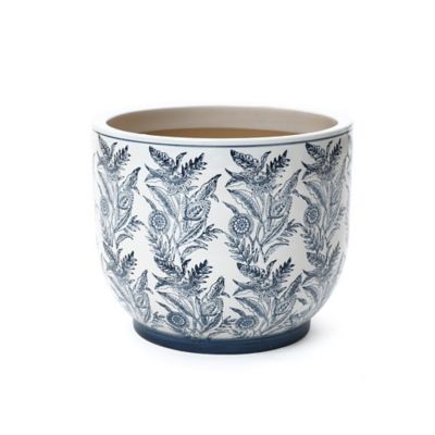 LuxenHome Blue Botanical Floral Ceramic Planter, 15.5 in. Round Garden Pot for Indoor & Outdoor Plants
