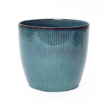 LuxenHome Forest Fade Ribbed Ceramic Planter, Glossy Blue-Green Pot with Brown Rim
