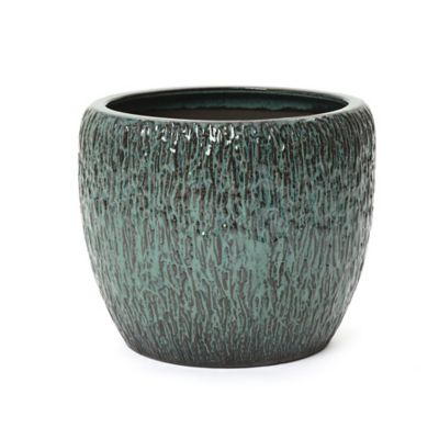 LuxenHome 11.8 in. Tall Round Ceramic Planter, Bark Texture with Glossy Green Glaze