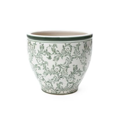 LuxenHome Green Paisley Ceramic Planter, Round, Indoor & Outdoor Flower Pot with Green & Brown Accents