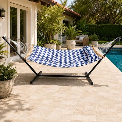 GearXpert Navy & White Chevron 55 x 78.7in. Large Double Hammock with 12 ft. Stand