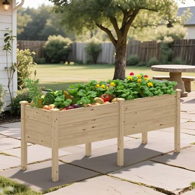 Veikous 2 x 6ft. Extra-deep Wood Raised Garden Bed with 2-Planting Areas and Drainage Design, Natural
