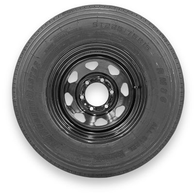 RubberMaster ST225/75R15 12 Ply TL Highway Rib Tire on a 6 on 5.5 Bolt Black Eight Spoke Wheel