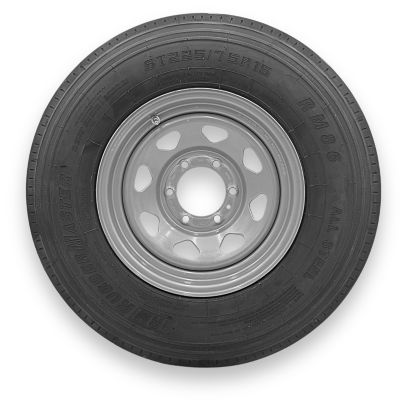RubberMaster ST225/75R15 12 Ply TL Highway Rib Tire on a 6 on 5.5 Bolt Silver Eight Spoke Wheel