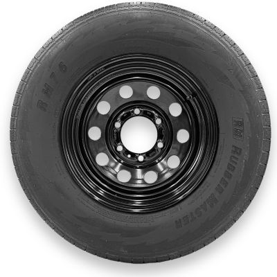 RubberMaster ST205/75R15 10 Ply TL Highway Rib Tire on a 6 on 5.5 Bolt Black Eight Spoke Wheel