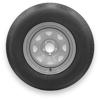 RubberMaster ST225/75R15 8 Ply TL Highway Rib Tire on a 5 on 4.5 Bolt Silver Eight Spoke Wheel