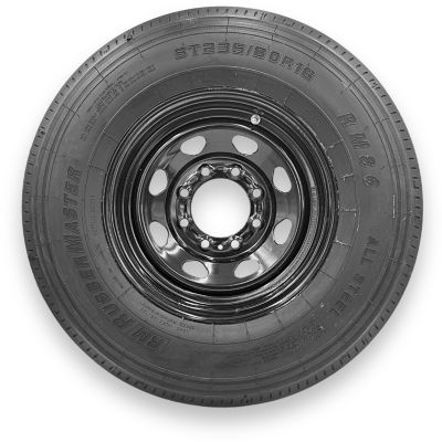 RubberMaster ST235/80R16 14 Ply TL Highway Rib Tire on a 8 on 6.5 Bolt Black Eight Spoke Wheel