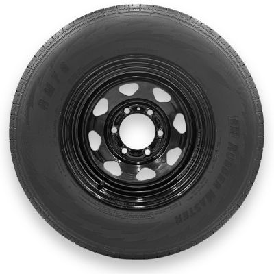 RubberMaster ST225/75R15 8 Ply TL Highway Rib Tire on a 6 on 5.5 Bolt Black Eight Spoke Wheel