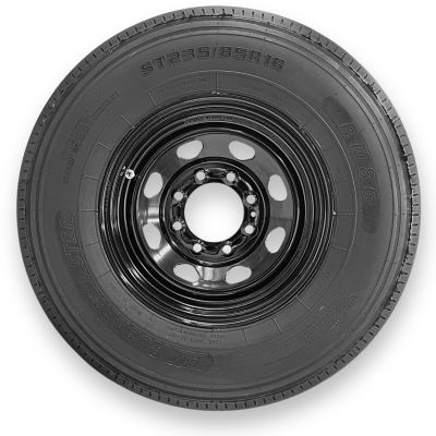 RubberMaster ST235/85R16 14 Ply TL Highway Rib Tire on a 8 on 6.5 Bolt Black Eight Spoke Wheel, 599370