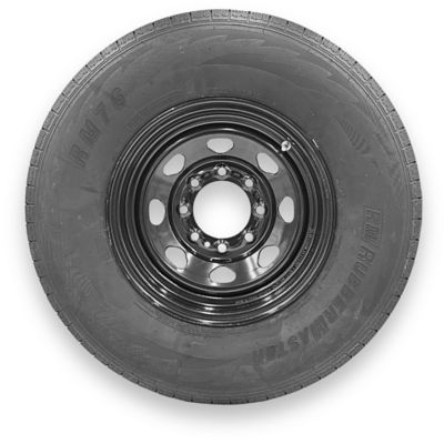 RubberMaster ST235/85R16 10 Ply TL Highway Rib Tire on a 8 on 6.5 Bolt Black Eight Spoke Wheel