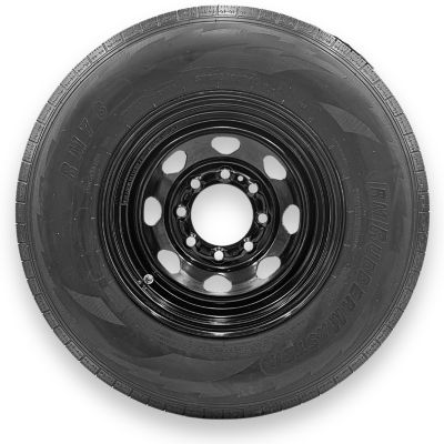 RubberMaster ST235/80R16 12 Ply TL Highway Rib Tire on a 8 on 6.5 Bolt Black Eight Spoke Wheel