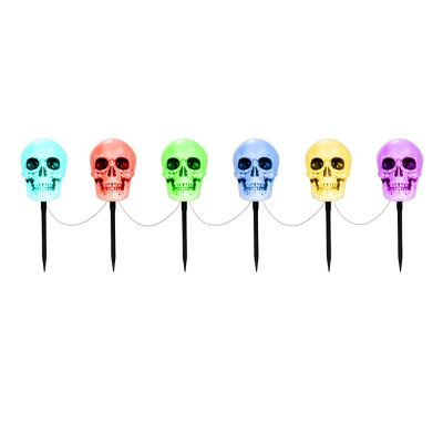 Haunted Hill Farm 12 in. Colorful LED Lights Halloween Decor Skull Stakes with Lights