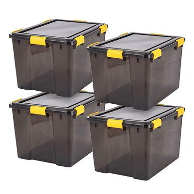 IRIS USA 19 Gal. Plastic Storage Bin with Buckles, Black 4 pk.