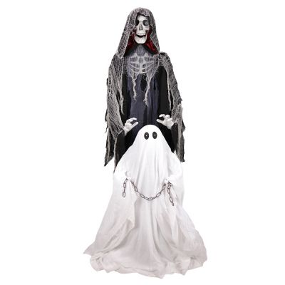 Haunted Hill Farm 5 ft. 11 in. Rising Motion Red LED Eyes Animatronic Standing Animated Reaper with Ghost