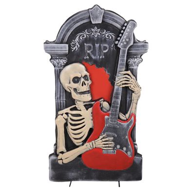 Haunted Hill Farm 3 ft. Red and White LED Eyes Animatronic Tombstone Skeleton with Guitar