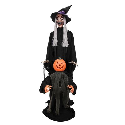 Haunted Hill Farm 6 ft. Rising Motion Red LED Eyes Animatronic Standing Animated Witch with Pumpkin Man Halloween Decoration
