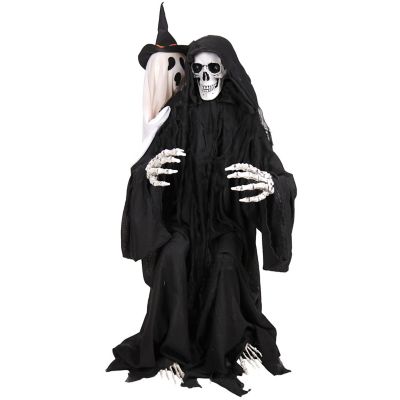 Haunted Hill Farm 4 ft. Moving Head Red LED Eyes Animatronic Sitting Reaper with Hide and Seek Ghost