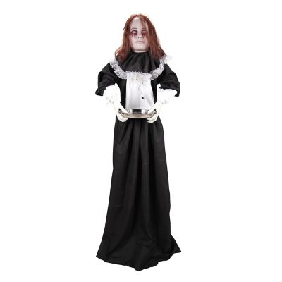 Haunted Hill Farm 5.3 ft. Head Dropping LED Light Animatronic Standing Animated Creepy Lady Holding Plate