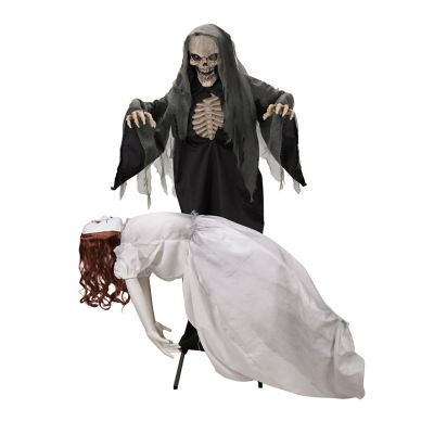 Haunted Hill Farm 5.7 ft. Rising Motion Red LED Eyes Animatronic Floating Lady with Magic Reaper