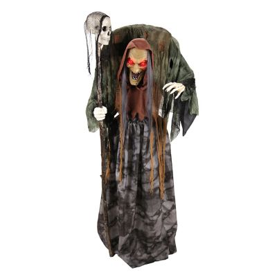 Haunted Hill Farm 5 ft. 7 in. Animated Light Up Animatronic Hunchback Witch with Skull-Topped Staff Halloween Decoration