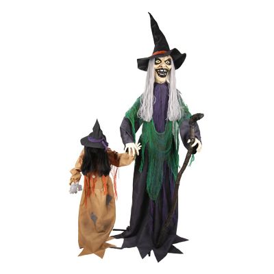 Haunted Hill Farm 5.5 ft. Moving Head Red LED Eyes Animatronic Standing Witch with a Creepy Girl
