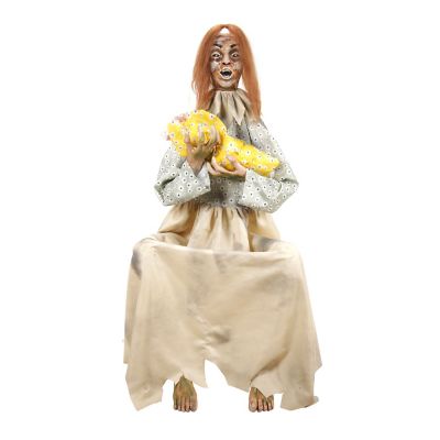 Haunted Hill Farm 3.8 ft. Moving Head Red LED Eyes Animatronic Sitting Animated Creepy Woman Holding Doll