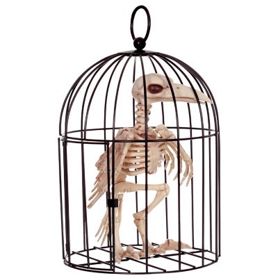 Seasons 9 1/2 in. Skeleton Crow in a Cage Halloween Decoration