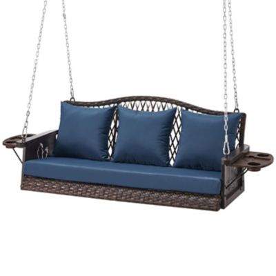 Upland Upgraded Wicker Porch Swing 900 LBS 3-Seat Patio Swing Chair with Chains Cushions Cup Holder