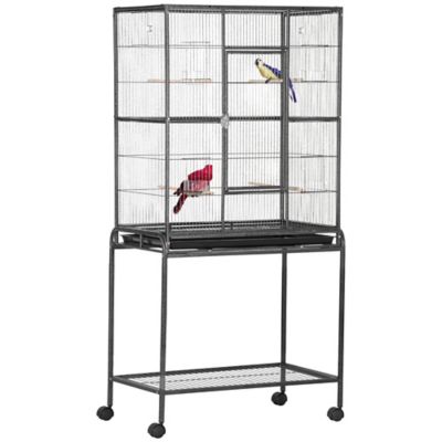 Pawhut 30 in. Rolling Metal Bird Cage Feeder with Detachable Rolling Stand, Storage Shelf, Wood Perch & Food Container