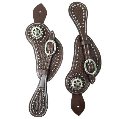 Tahoe Tack Western Curved Spur Straps Unisex Pair with Star Concho and Hand Tooled Basket Weave Leather