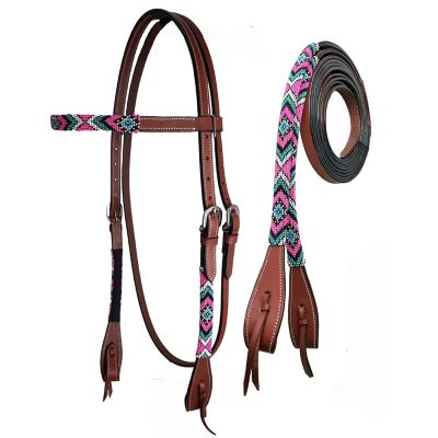 Tahoe Tack Tahoe Beaded Browband Headstall with Split Reins Tan Color Leather