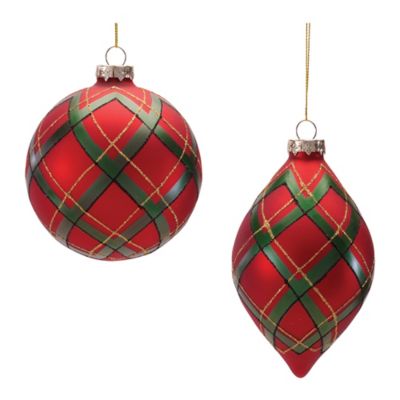 Melrose International Plaid Glass Ornament, Set of 6