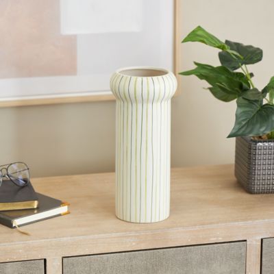 Harper & Willow Ceramic Round Abstract Decorative Vase with Green Linear Patterns