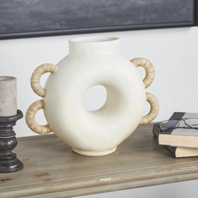 Harper & Willow Resin Round Speckled Geometric Decorative Vase with Woven Inspired Arched Handles and Cutout Opening