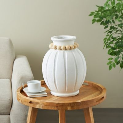 Harper & Willow Magnesium Oxide Wide Decorative Vase with Light Brown Beads and Carved Grooves