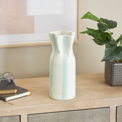 Harper & Willow Light Blue Ceramic Round Decorative Vase with White Vertical Stripes