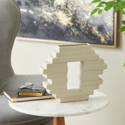 Harper & Willow Cream Ceramic Abstract Decorative Vase with Rectangular Center Cutout
