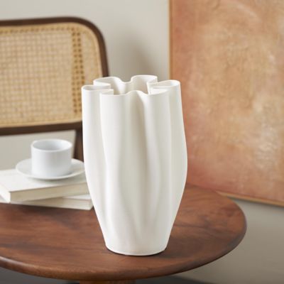 Harper & Willow Ceramic Ribbed Dimensional Folded Abstract Decorative Vase with Floral Shaped Rim