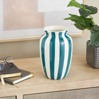 Harper & Willow Ceramic Round Wide Decorative Vase with White Vertical Stripes
