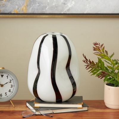 Harper & Willow Glass Concaved Round Decorative Vase with Black Stripes