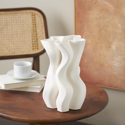 Harper & Willow Ceramic Ribbed Dimensional Wavy Abstract Decorative Vase with Floral Shaped Rim