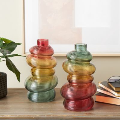 Cosmoliving by Cosmopolitan Glass Ribbed Stacked Stones Decorative Vase with Color Blocks