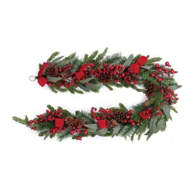Melrose International Fresh Touch Pine and Berry Garland with Ribbon 6'L