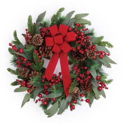 Melrose International Fresh Touch Pine and Berry Wreath with Bow 24 in. D
