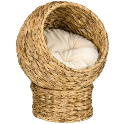 Pawhut 20 in. Handwoven Elevated Cat Bed with Cushion, Egg-Shaped Wicker Cat Basket