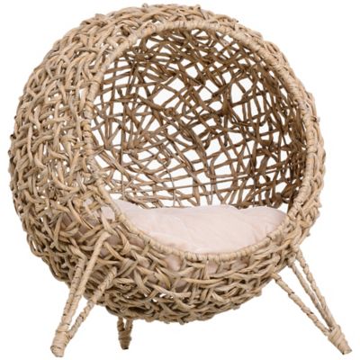 Pawhut 20.5 in. Elevated Rattan Cat Bed with Cushion, Round Wicker Cat House, Natural