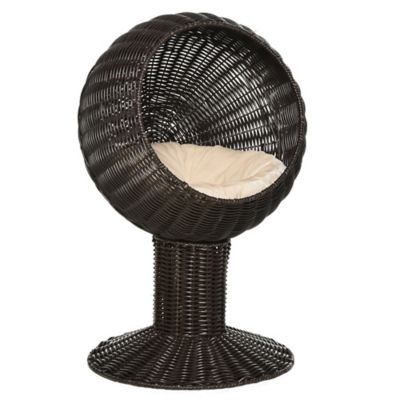 Pawhut 27 in. Hooded Elevated Rattan Cat Bed with Cushion, Round Wicker Cat Condo