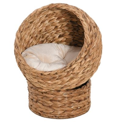 Pawhut Handwoven Elevated Cat Bed with Cushion, Braided Banana Leaf Wicker Cat Bed, 23.5 in.