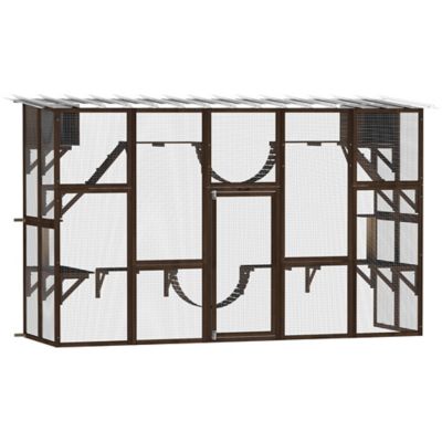 Pawhut Outdoor Cat Enclosure, Wooden Cat House with Weatherproof Roof, Shelves & Bridges